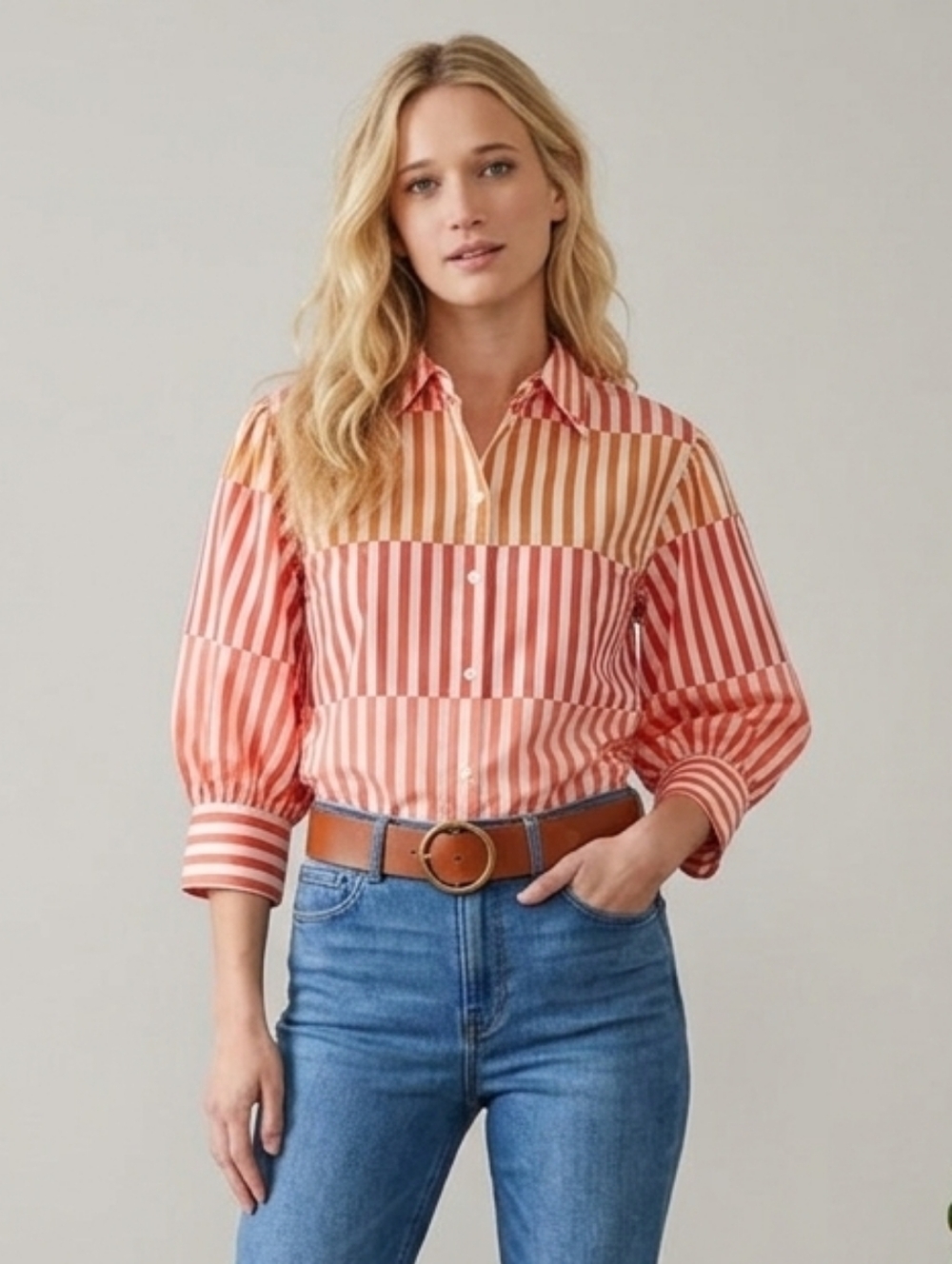 NWOT Who What Wear S Modern 70s Revival Resortwear Patchwork Stripe Cotton Shirt